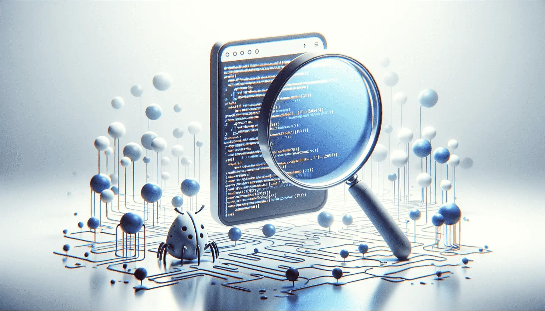 An illustration showing a magnifying glass focusing on a screen displaying lines of code. The scene is filled with abstract spherical elements connected by thin lines, and a small, stylized bug is visible near the bottom, symbolizing the concept of debugging or analyzing code.